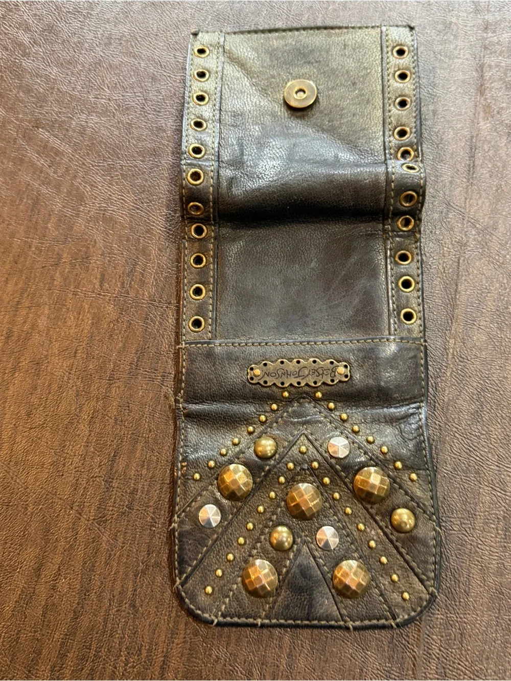 Vintage Betsey Johnson Studded Leather Trifold Wallet Olive Green